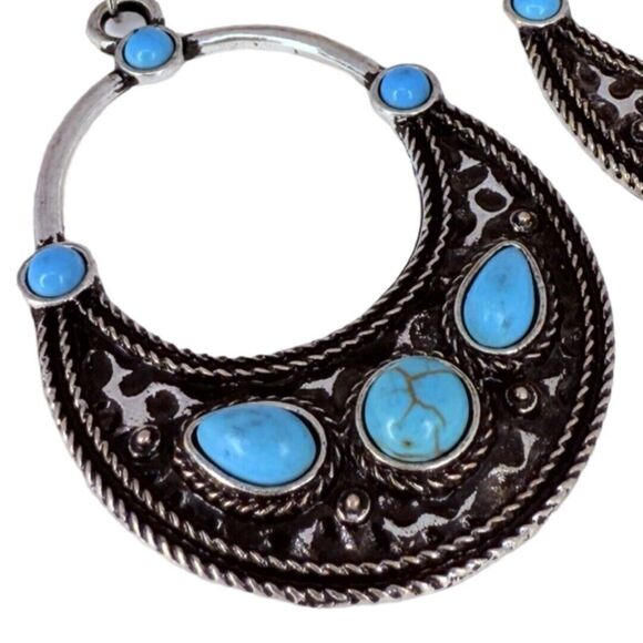 Faux Turquoise Silver Tone Dangle Earrings 2.5" Bohemian Boho Chic Southwestern - Picture 8 of 11